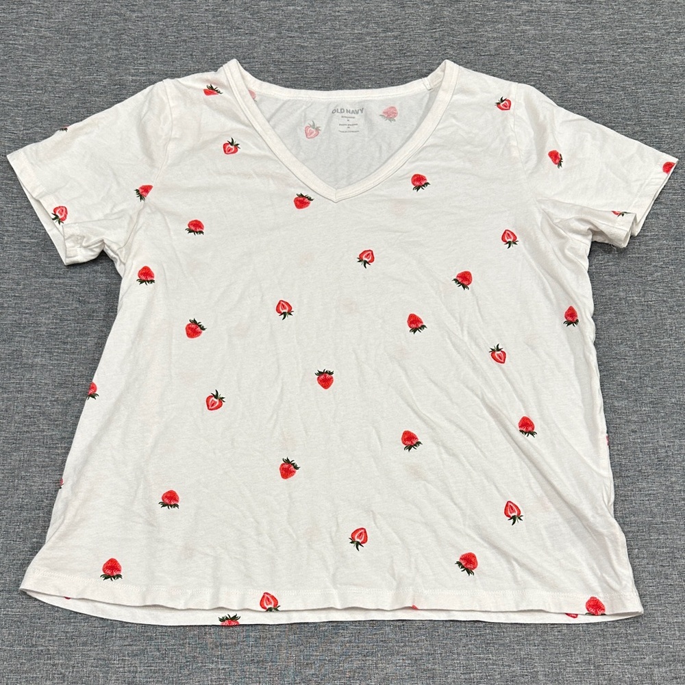 Old Navy White V-Neck Tee with Red Strawberry Print